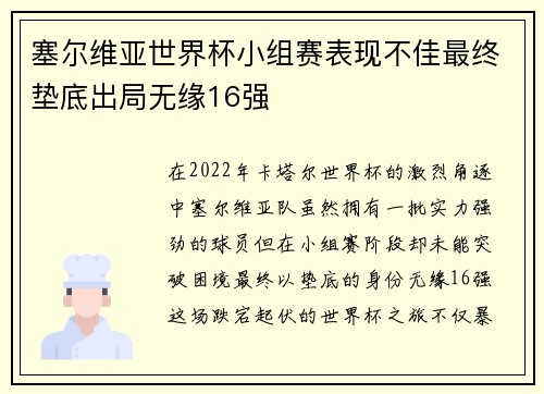塞尔维亚世界杯小组赛表现不佳最终垫底出局无缘16强